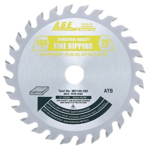 MD160-280 Carbide Tipped Saw Blade for Festool® and Other Track Saw Machines, 160mm Dia x 28T ATB, 15 Deg, 20mm Bore, General Purpose Circular Saw Blade, Fits TS 55 EQ, ATF 55 E, AP 55