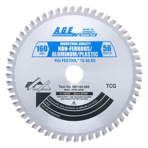 MD160-565 Carbide Tipped Saw Blade for Festool® and Other Track Saw Machines, 160mm Dia x 56T TCG, -5 Deg, 20mm Bore, Aluminum/Plastic Circular Saw Blade, Fits TS 55 EQ, ATF 55 E, AP 55