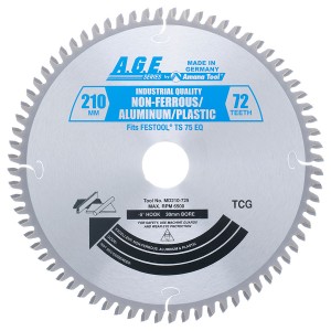 MD210-725 Carbide Tipped Saw Blade for Festool® and Other Track Saw Machines, 210mm Dia x 72T TCG, -5 Deg, 30mm Bore, Aluminum/Plastic Circular Saw Blade, Fits TS 75 EQ